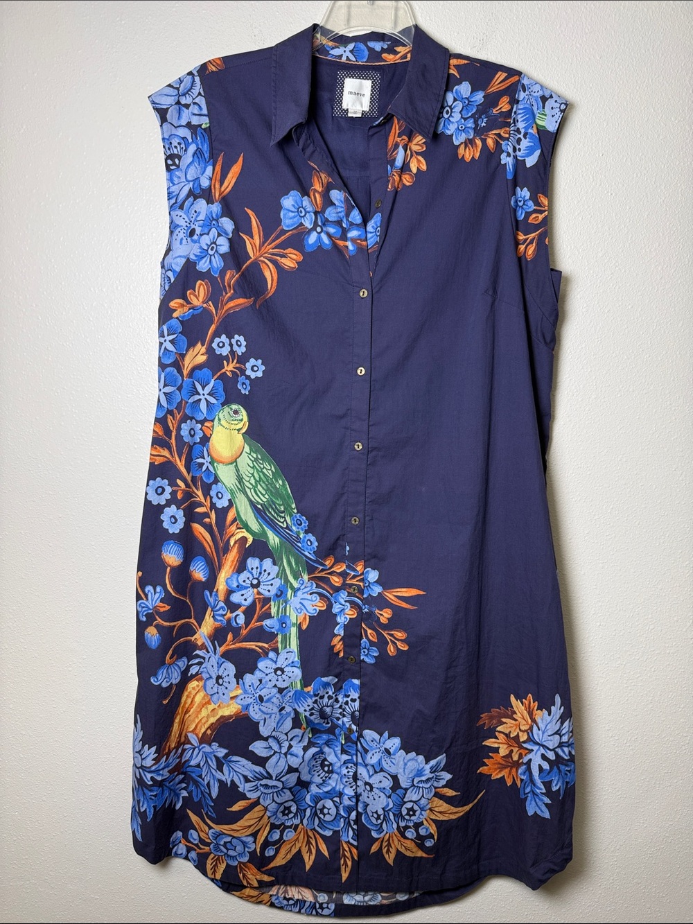 Anthropologie Maeve The Lillian Button Up Midi Dress 1X Blue Bird Parrot Print - Picture 3 of 17
